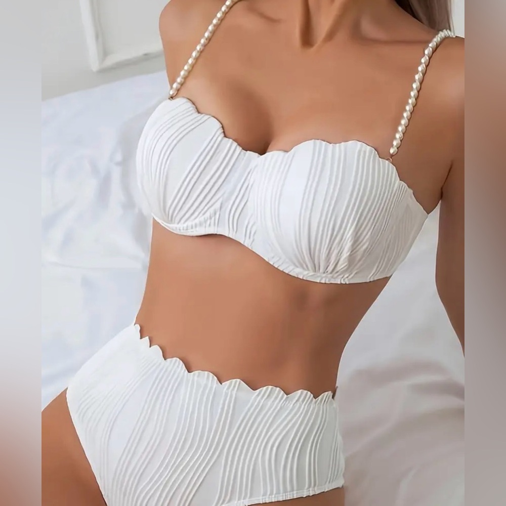 White Ribbed Pearl Strap Bikini Set | Scalloped High Waist Swimsuit SZ M Bridal